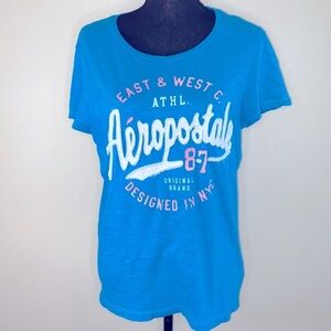 Aeropostale Teal Distressed Graphic Short Sleeve Tee